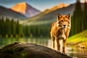 un rojo lobo en pie en un rock en frente de un lago. generado por ai foto