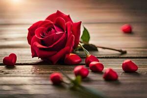 a single red rose laying on a wooden table with petals scattered around it. AI-Generated photo