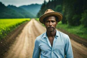 a man in a hat standing on a dirt road. AI-Generated photo