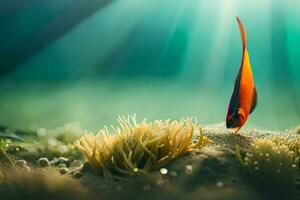 un pescado es en pie en el Oceano piso con un anémona. generado por ai foto