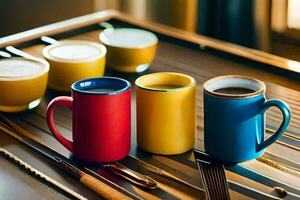 colorful coffee cups on a tray. AI-Generated photo
