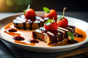 un plato coronado con un pedazo de pastel y fresas generado por ai foto