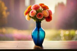 a blue vase with colorful flowers sitting on a table. AI-Generated photo