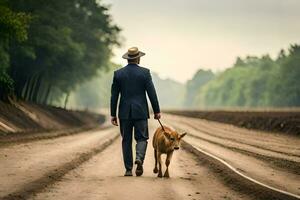 un hombre en un traje y sombrero caminando su perro abajo un suciedad la carretera. generado por ai foto