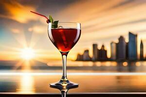 a glass of red wine with a sunset in the background. AI-Generated photo