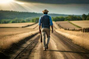 un hombre caminando abajo un suciedad la carretera con un maleta. generado por ai foto