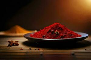 a bowl of red powder on a wooden table. AI-Generated photo