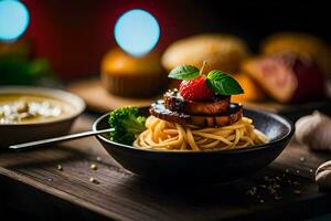 a plate of spaghetti with meat and vegetables. AI-Generated photo