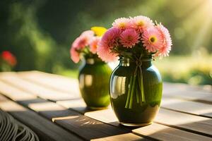 two vases with pink flowers sitting on a wooden table. AI-Generated photo