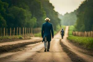 un hombre en un traje y sombrero camina abajo un suciedad la carretera. generado por ai foto