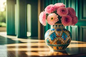 pink flowers in a vase on a table. AI-Generated photo