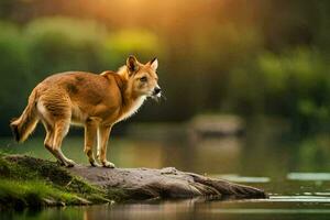 a dingo is standing on a rock by the water. AI-Generated photo