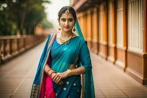 un hermosa mujer en un azul sari. generado por ai foto