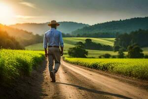 a man in a cowboy hat walks down a dirt road. AI-Generated photo