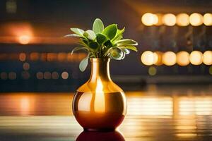 a golden vase with a plant in it. AI-Generated photo