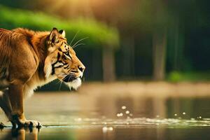 un Tigre caminando a través de el agua en frente de un bosque. generado por ai foto