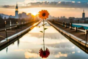 un flor es reflejado en un charco de agua. generado por ai foto