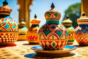 colorful vases on a table with a gold plate. AI-Generated photo