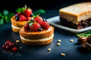 two cakes with berries and nuts on a black background. AI-Generated photo