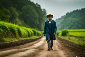 un hombre en un azul Saco y sombrero caminando abajo un suciedad la carretera. generado por ai foto