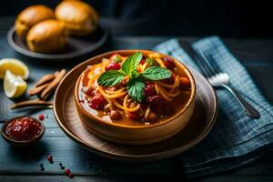 spaghetti with tomato sauce and basil leaves on a wooden plate. AI-Generated photo