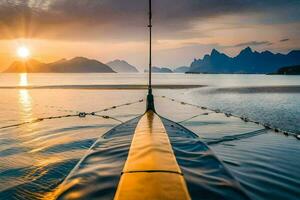the sun is setting over the ocean and a boat is docked. AI-Generated photo