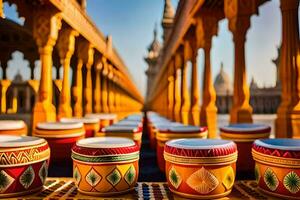 a row of colorful cups sitting on a table. AI-Generated photo