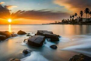 a beautiful sunset over the ocean with rocks and palm trees. AI-Generated photo