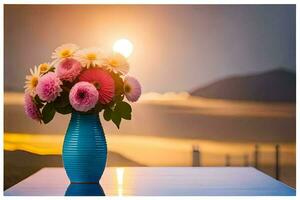 a vase with flowers on a table in front of the sun. AI-Generated photo