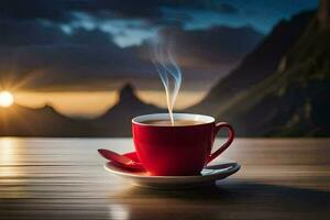 coffee, the sun, mountains, sunrise, the sky, hd wallpaper. AI-Generated photo