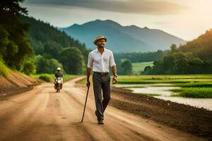 un hombre caminando abajo un suciedad la carretera con un caña. generado por ai foto