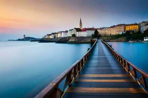 a wooden bridge over the water at sunset. AI-Generated photo