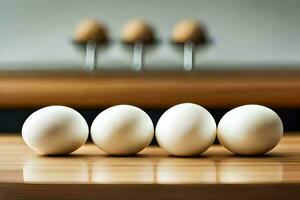 five eggs on a wooden table. AI-Generated photo