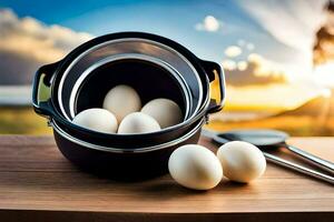 eggs in a pot on a table. AI-Generated photo