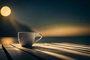coffee cup on wooden table with moon in background. AI-Generated photo