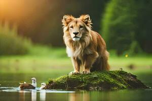 a lion stands on a rock in the water. AI-Generated photo