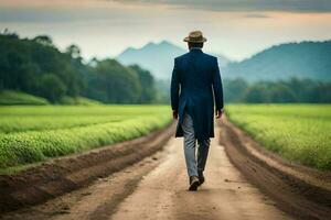 a man in a suit and hat walks down a dirt road. AI-Generated photo