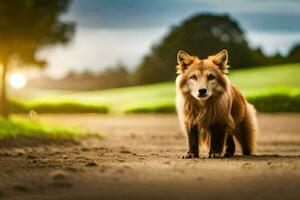 a fox standing on a dirt road in front of a green field. AI-Generated photo