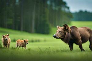 a lion and two puppies are standing in a field. AI-Generated photo