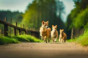 Tres perros corriendo abajo un suciedad la carretera. generado por ai foto