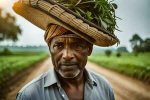 un hombre vistiendo un sombrero en su cabeza en un campo. generado por ai foto