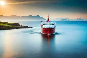 un rojo barco de viaje mediante el Oceano a puesta de sol. generado por ai foto