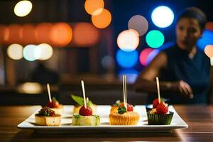 un mujer es en pie en frente de un mesa con aperitivos generado por ai foto