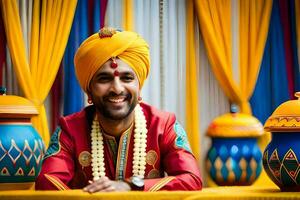 un hombre en un turbante sonrisas para el cámara. generado por ai foto