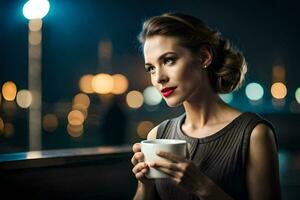 un mujer participación un taza de café en frente de un ciudad a noche. generado por ai foto