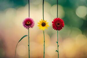 three colorful flowers hanging from a string. AI-Generated photo