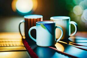 three coffee cups sit on a table. AI-Generated photo