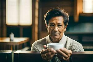 un más viejo hombre con lentes participación un taza de café. generado por ai foto