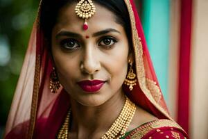 a beautiful indian woman wearing a red sari. AI-Generated photo