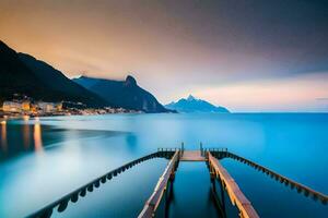 a pier in the water with mountains in the background. AI-Generated photo